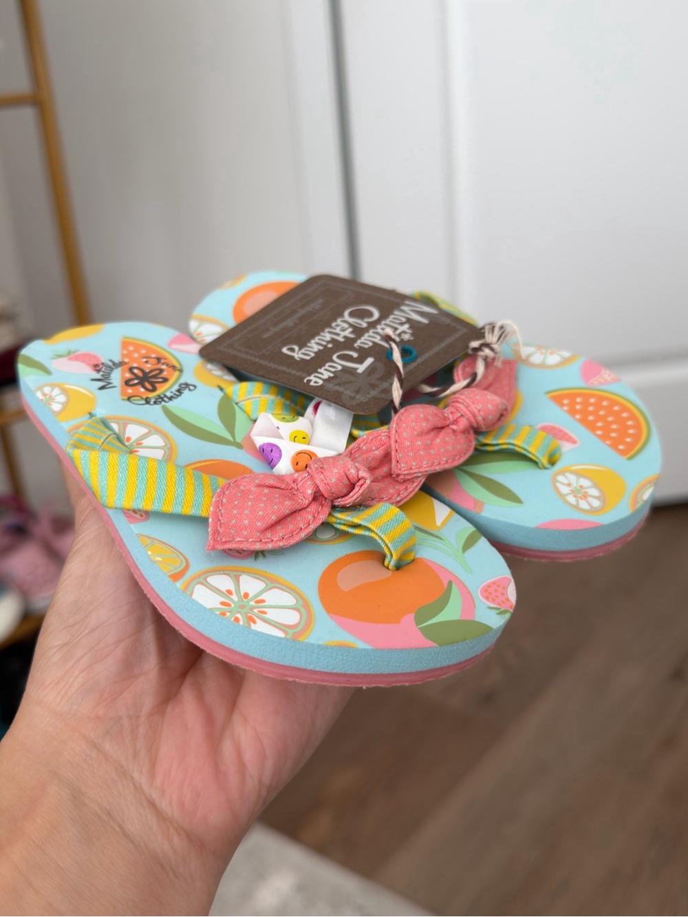 Matilda Jane Do A Flip Flops Fruity Print Sandals Coral Dainty Bow Size 6c Girls